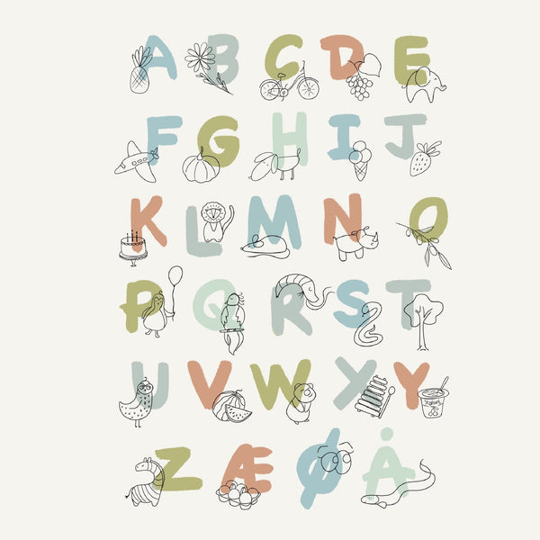 Billede af Lille Plakat ABC Plakat - Motiver Med Stregtegning 1 - Dansk Alfabet