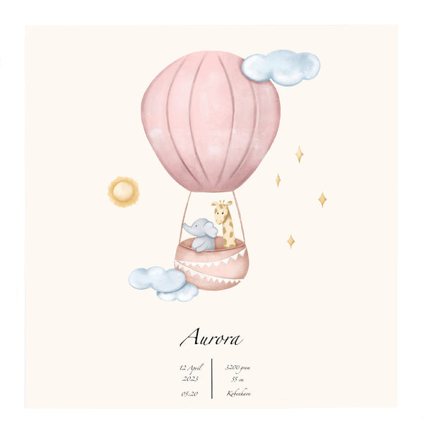 Billede af Lille Plakat Navneplakat - Luftballon - Rosa - Med Navn, Dato & Vægt