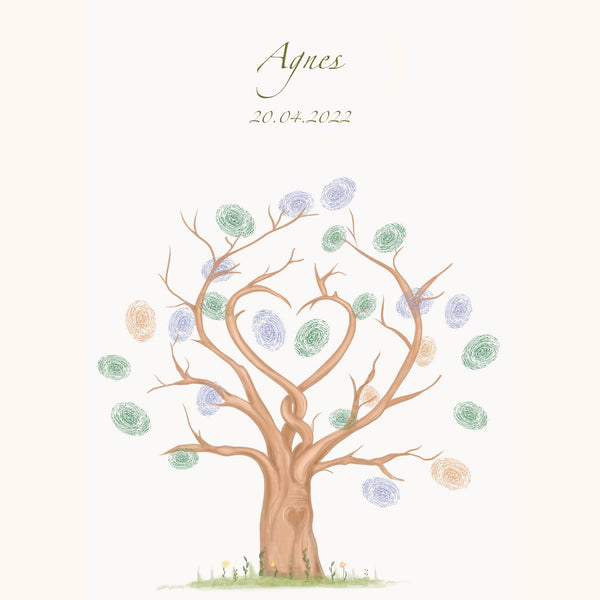 Se Lille Plakat Gæstetræ Til Barnedåb - Hjerteformet Træ - Inklusiv fingermaling hos Lille plakat