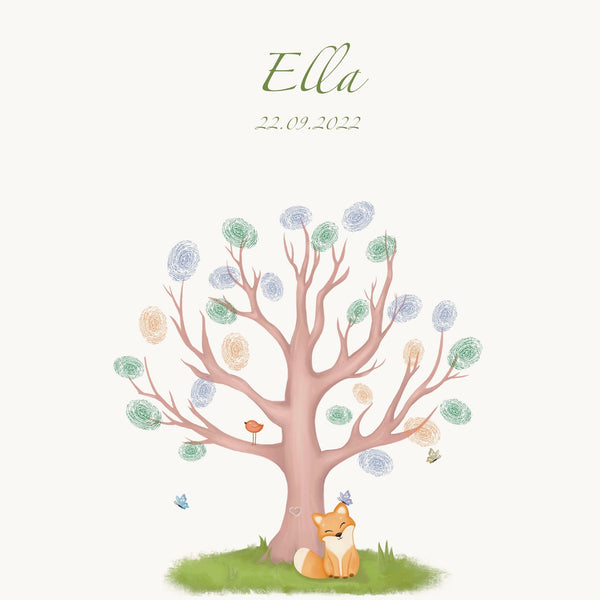 Se Lille Plakat Gæstetræ Til Barnedåb - Ræv & Fugle - Inklusiv fingermaling hos Lille plakat