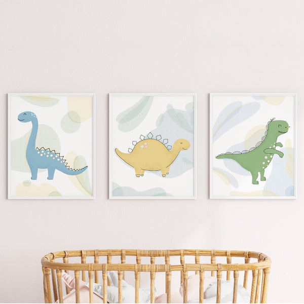 Se Lille Plakat Plakatsæt - Dinosaur - Blå, Gul & Grøn - 3 Plakater hos Lille plakat