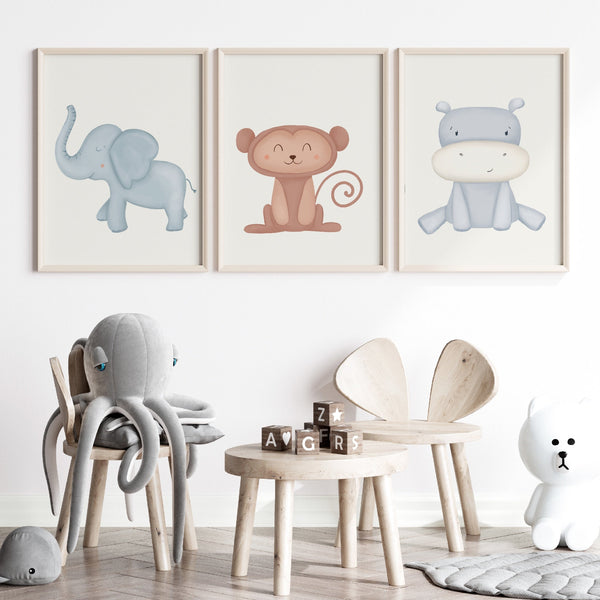 Se Lille Plakat Plakatsæt - Elefant, Abe & Flodhest - 3 Plakater hos Lille plakat
