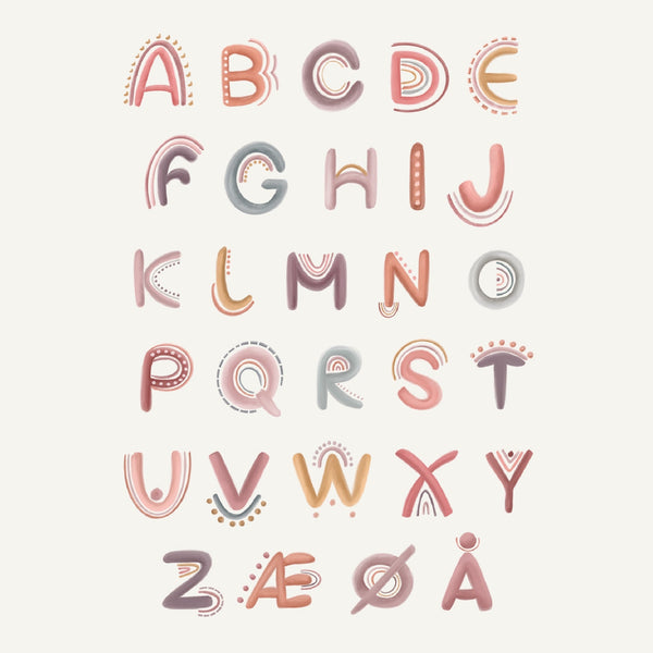 Lille Plakat ABC Plakat - Abstrakt - Beige Baggrund - Dansk Alfabet
