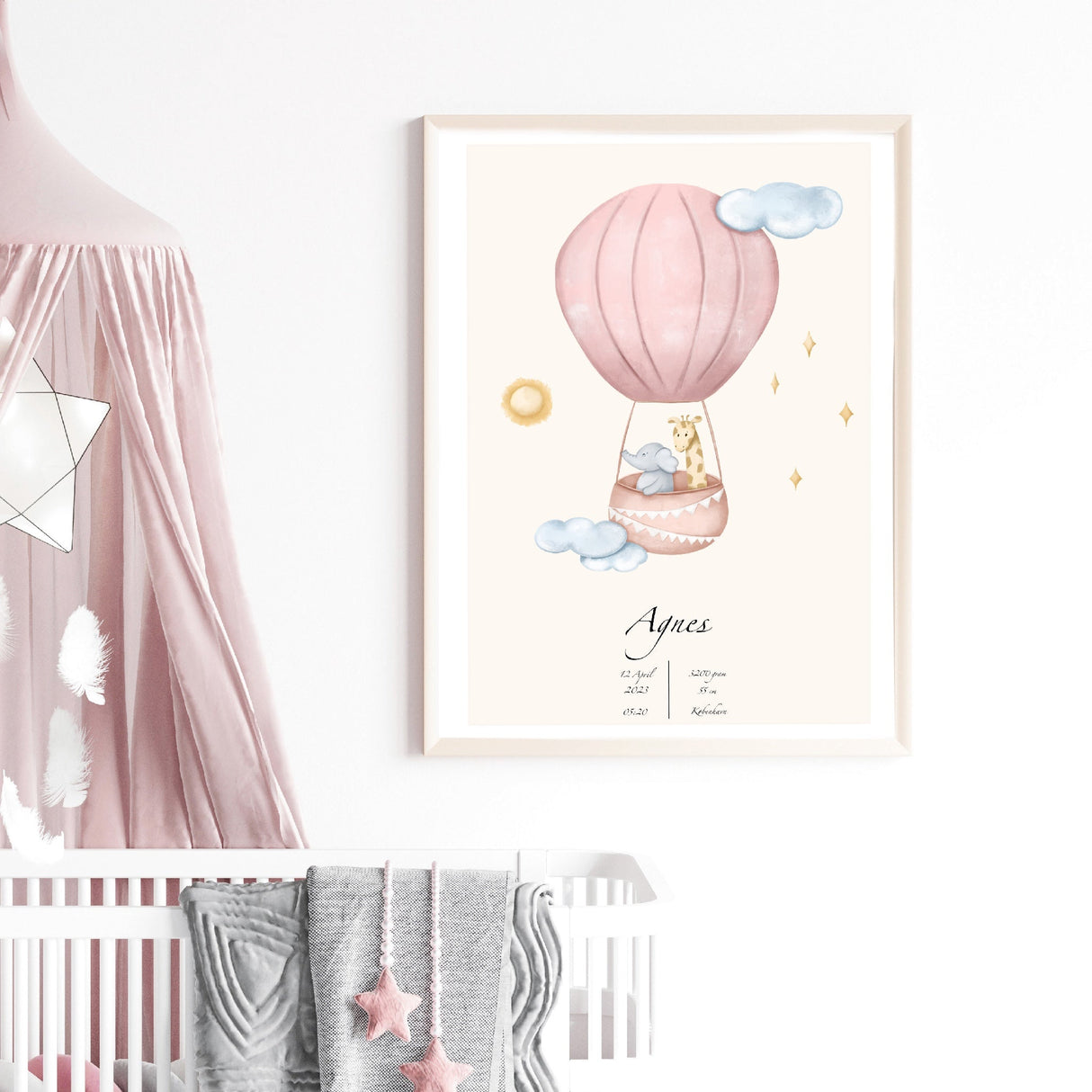 Dåbsplakat - Luftballon - Rosa - Med Navn, Dato & Vægt - Lille Plakat