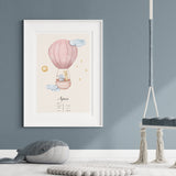 Dåbsplakat - Luftballon - Rosa - Med Navn, Dato & Vægt - Lille Plakat