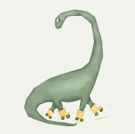 Dinosaur På Rulleskøjter Plakat - Langhals - Lille Plakat