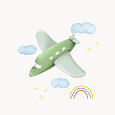 Grøn Flyvemaskine Med Skyer & Regnbue Plakat - Lille Plakat