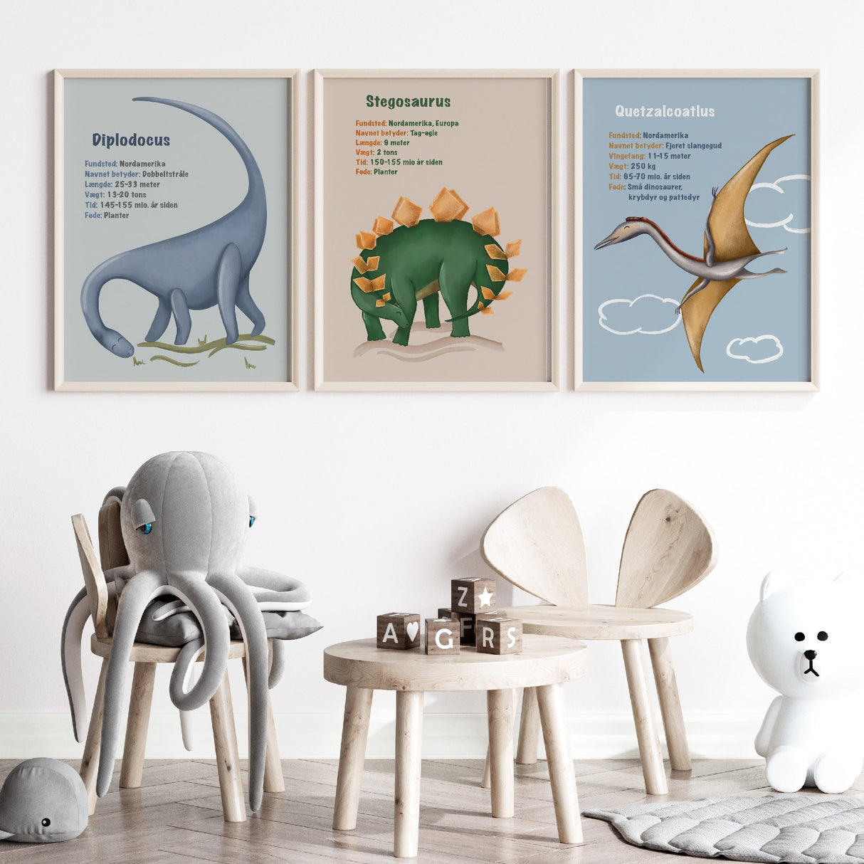 Plakatsæt - 3 Dinosaurer - Med Infotavler - 3 Plakater - Lille Plakat