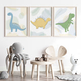 Plakatsæt - Dinosaur - Blå, Gul & Grøn - 3 Plakater - Lille Plakat